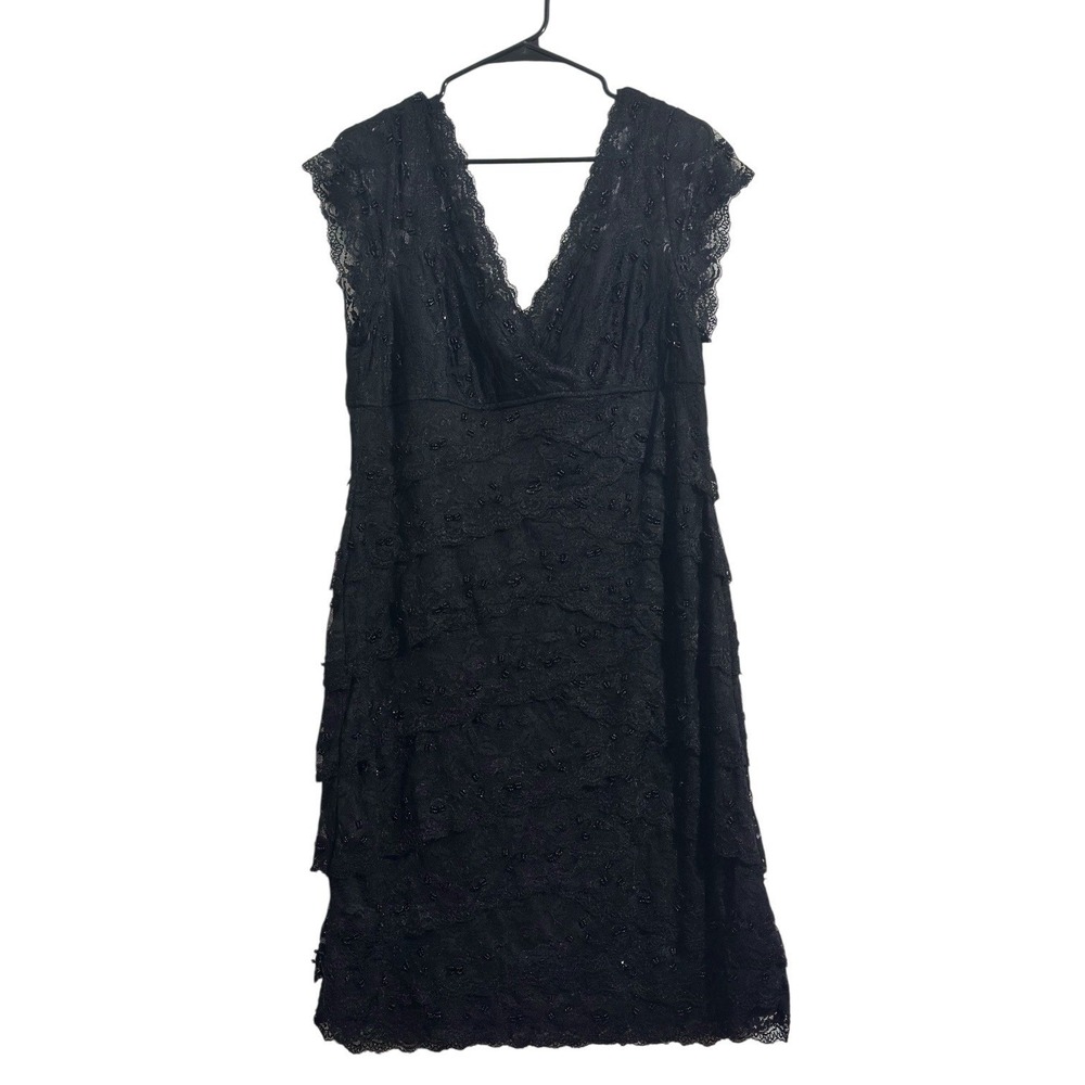 Eureka Romantic Cocktail Dress Black Tiered Lace Beaded V-Neck Women's Size 3XL